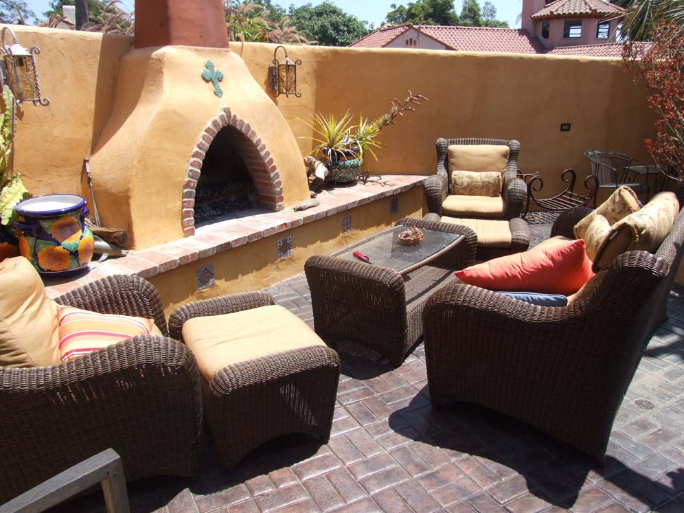 Outdoor Fireplace and Wicker Furniture